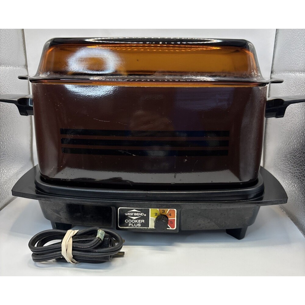 Vintage West Bend Cooker Plus Electric Skillet Roaster w/ Amber Glass Lid Tested